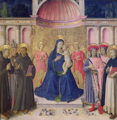 Das Bosco ai Frati Altarbild: Die Jungfrau und das Kind auf dem Thron mit zwei Engeln zwischen den Heiligen Antonius von Padua, Ludwig von Toulouse und Franziskus und den Heiligen Cosmas und Damian und Peter der Märtyrer, 1452 von Fra Angelico